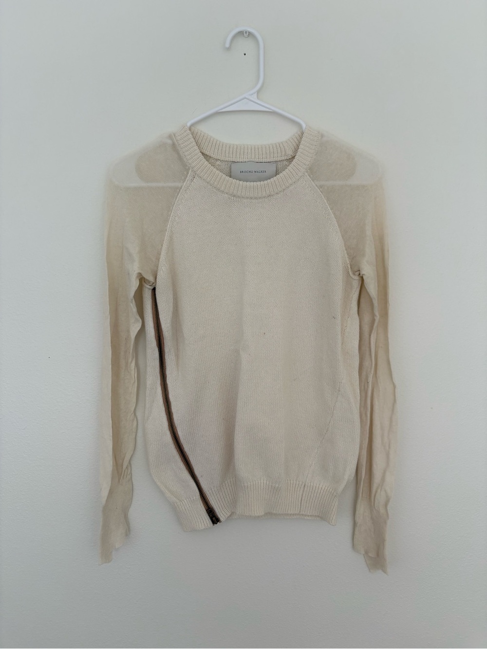 Brochu Walker Cream Crewneck Zip-Accent Sweater Cotton Linen Blend Women’s SMALL